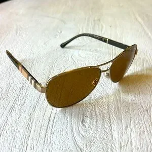Burberry Brown Aviator Sunglasses with Striped Temples - Burberry BE3080 Burberry BE3080 L (59 - 14) with Brown lenses and Gold frame  main image 3
